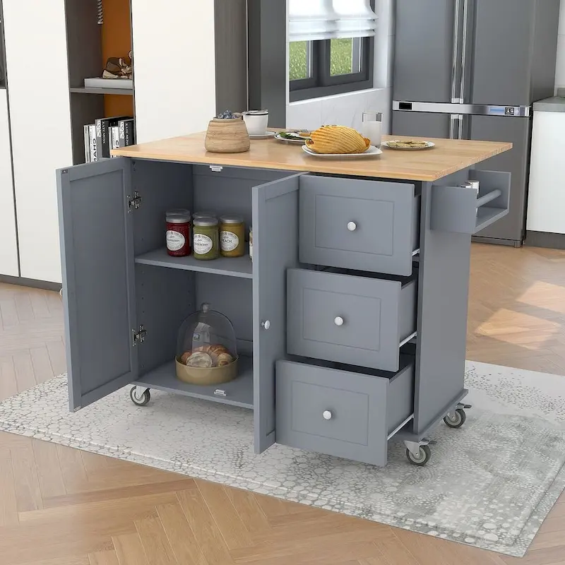 52.7 W Folding Multifunctional Lockable Wheel Kitchen Cart with 2 Doors and 3 Drawers