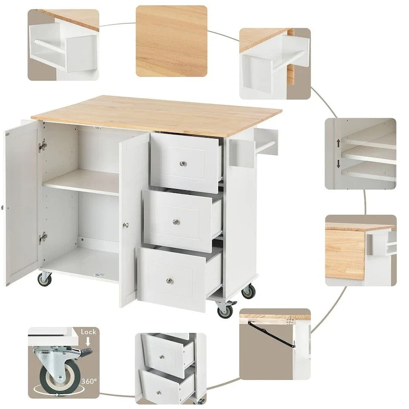 52.7 W Folding Multifunctional Lockable Wheel Kitchen Cart with 2 Doors and 3 Drawers