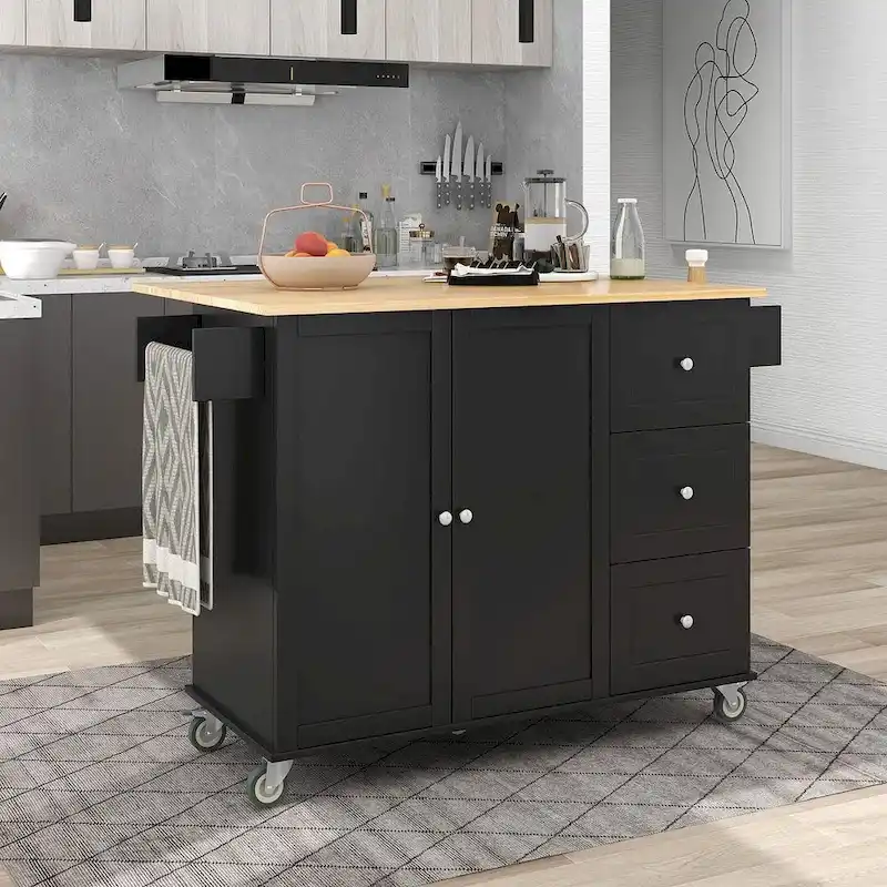 52.7 W Folding Multifunctional Lockable Wheel Kitchen Cart with 2 Doors and 3 Drawers