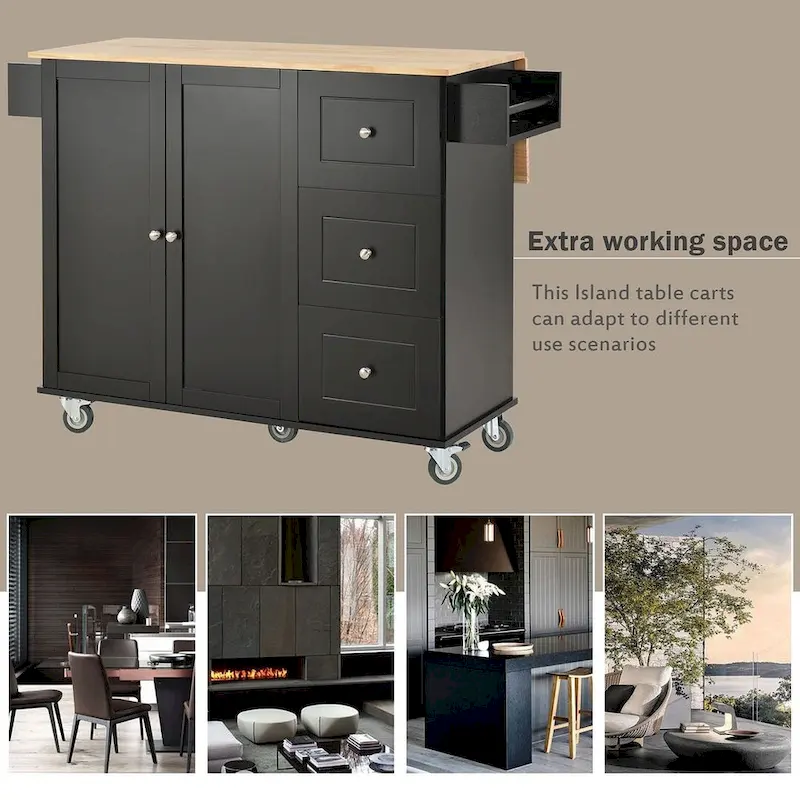52.7 W Folding Multifunctional Lockable Wheel Kitchen Cart with 2 Doors and 3 Drawers