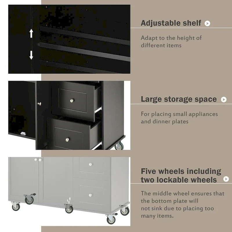 52.7 W Folding Multifunctional Lockable Wheel Kitchen Cart with 2 Doors and 3 Drawers