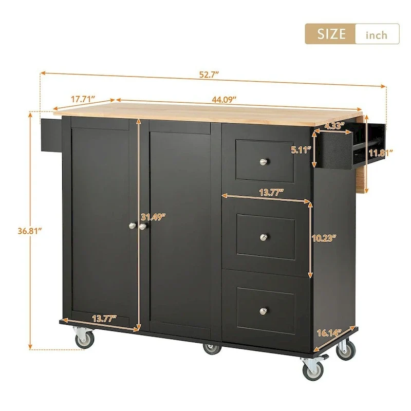 52.7 W Folding Multifunctional Lockable Wheel Kitchen Cart with 2 Doors and 3 Drawers