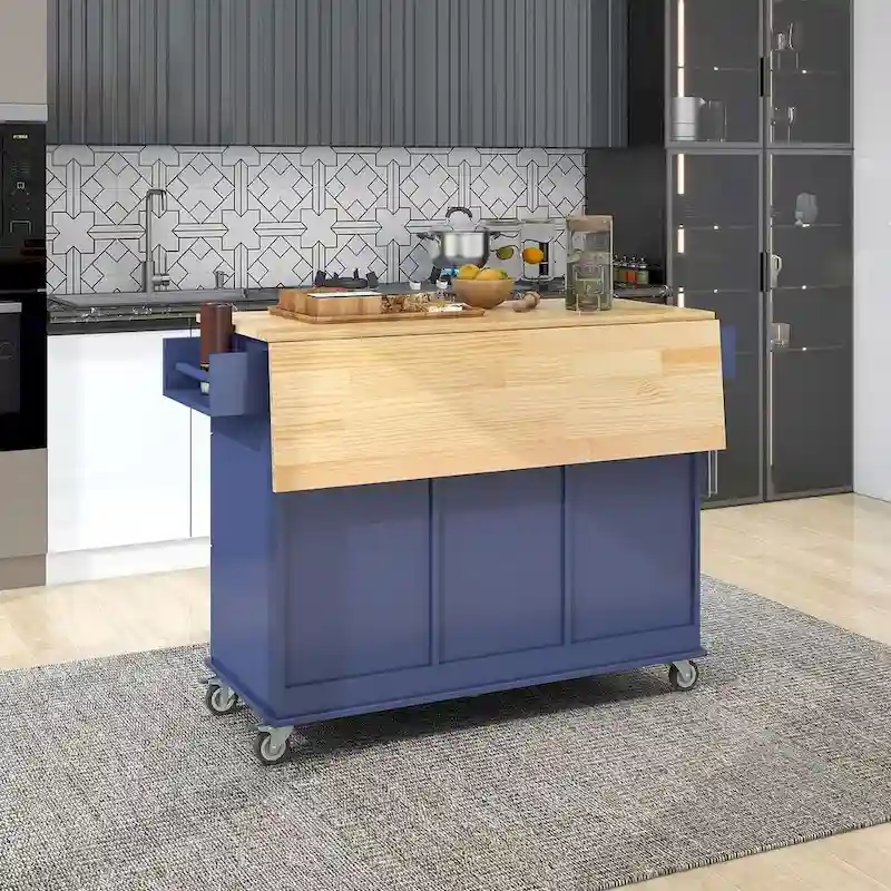 52.7 W Folding Multifunctional Lockable Wheel Kitchen Cart with 2 Doors and 3 Drawers