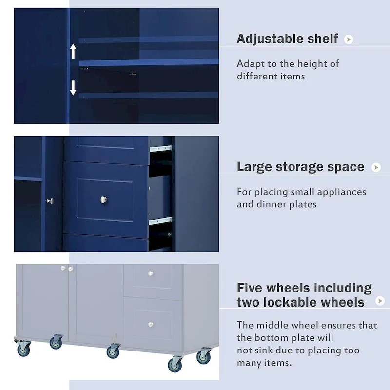 52.7 W Folding Multifunctional Lockable Wheel Kitchen Cart with 2 Doors and 3 Drawers