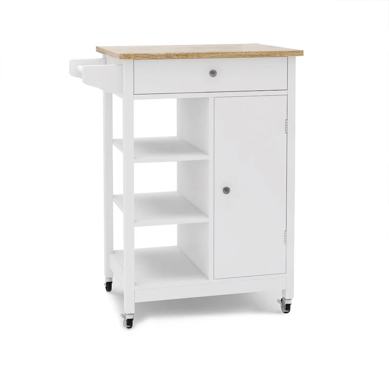 Nestfair White Kitchen Cart with Towel Rack and Wood Table Top