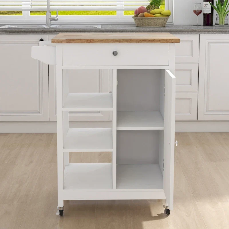 Nestfair White Kitchen Cart with Towel Rack and Wood Table Top