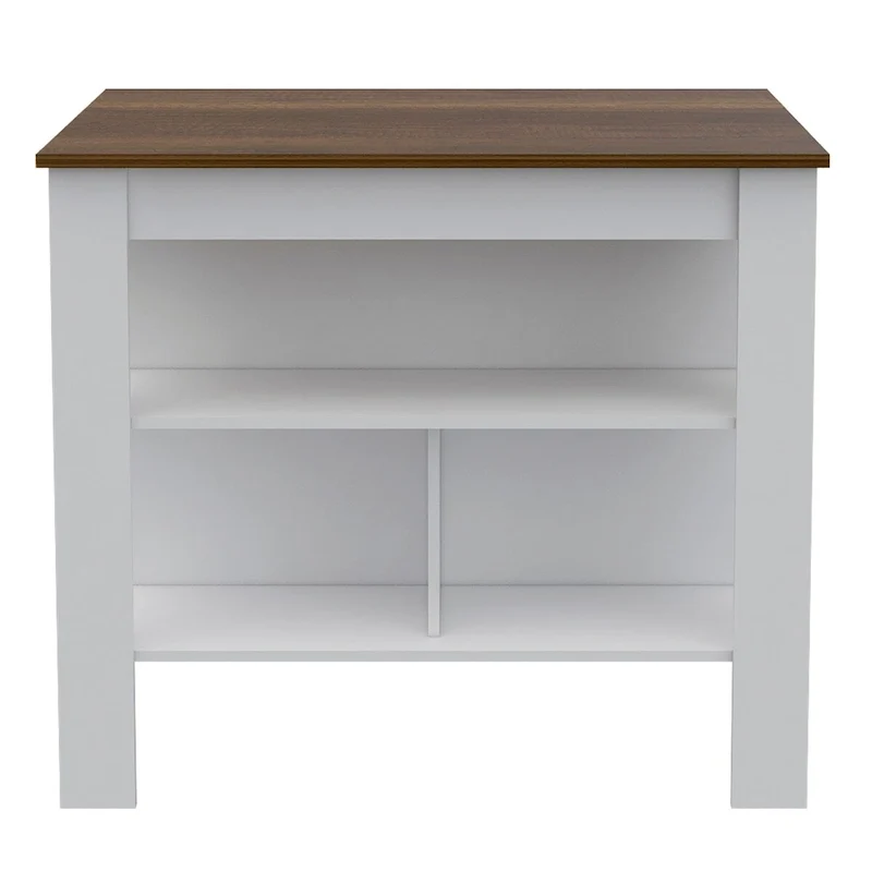 Open Kitchen Island,4 Legs, Three Shelves -White / Walnut