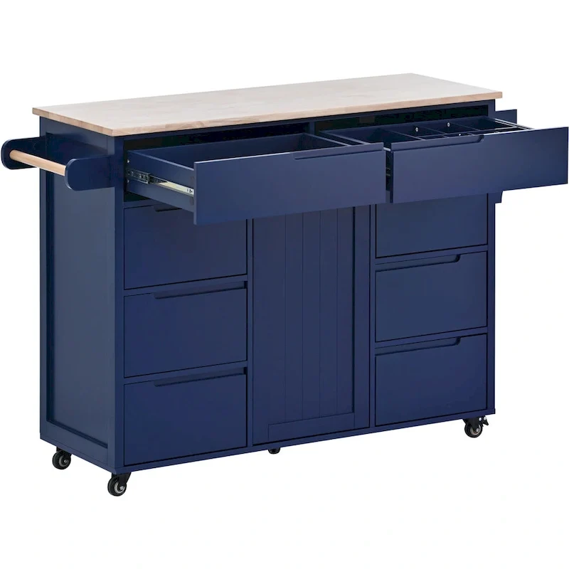 Kitchen Island with Wooden Top, Mobile Island on Locking Wheels, Rolling Cart with Flatware Organizer & 8 Handle-Free Drawers
