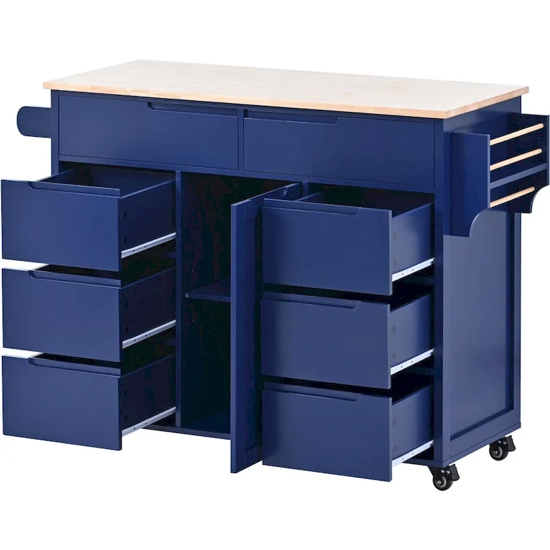 Kitchen Island with Wooden Top, Mobile Island on Locking Wheels, Rolling Cart with Flatware Organizer & 8 Handle-Free Drawers