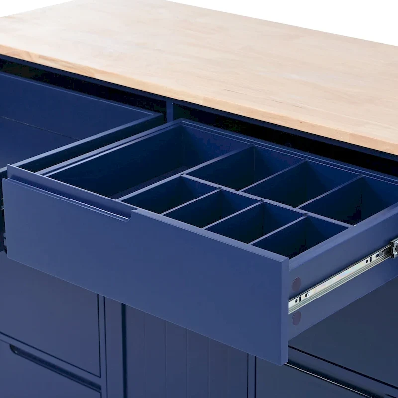 Kitchen Island with Wooden Top, Mobile Island on Locking Wheels, Rolling Cart with Flatware Organizer & 8 Handle-Free Drawers