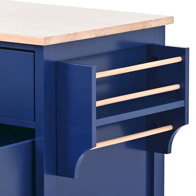 Kitchen Island with Wooden Top, Mobile Island on Locking Wheels, Rolling Cart with Flatware Organizer & 8 Handle-Free Drawers