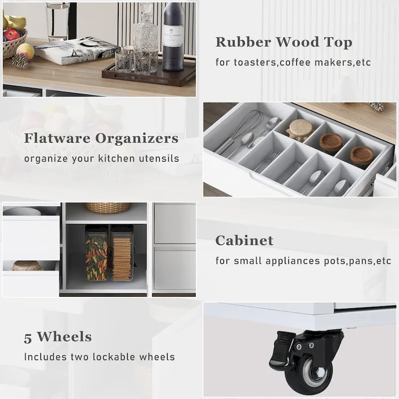 Kitchen Island with Wooden Top, Mobile Island on Locking Wheels, Rolling Cart with Flatware Organizer & 8 Handle-Free Drawers