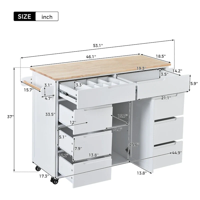 Kitchen Island with Wooden Top, Mobile Island on Locking Wheels, Rolling Cart with Flatware Organizer & 8 Handle-Free Drawers