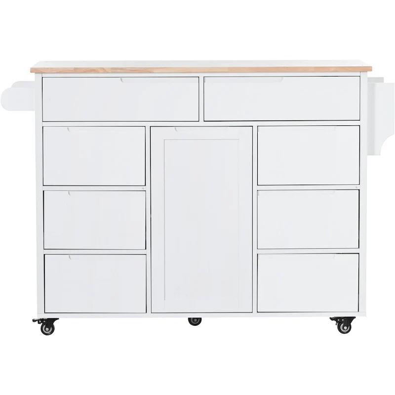 Kitchen Island with Wooden Top, Mobile Island on Locking Wheels, Rolling Cart with Flatware Organizer & 8 Handle-Free Drawers