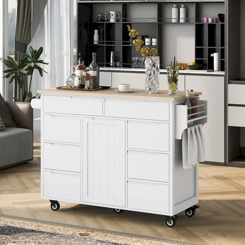 Kitchen Island with Wooden Top, Mobile Island on Locking Wheels, Rolling Cart with Flatware Organizer & 8 Handle-Free Drawers