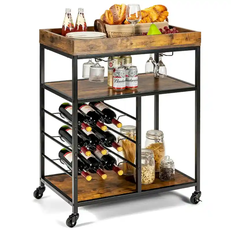 Gymax 3-Tier Rolling Kitchen Serving Cart Utility Trolley w/ Wine - See Details