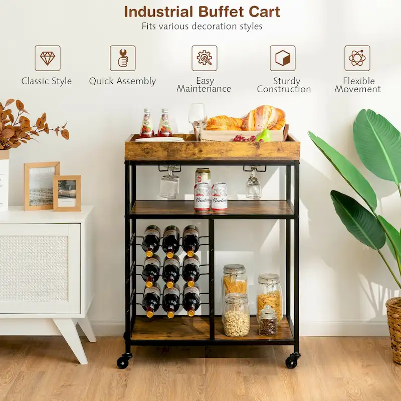 Gymax 3-Tier Rolling Kitchen Serving Cart Utility Trolley w/ Wine - See Details