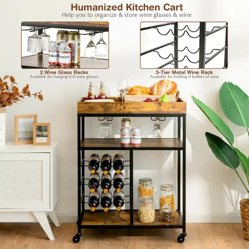 Gymax 3-Tier Rolling Kitchen Serving Cart Utility Trolley w/ Wine - See Details