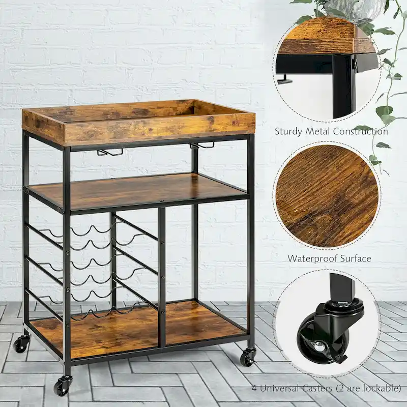 Gymax 3-Tier Rolling Kitchen Serving Cart Utility Trolley w/ Wine - See Details