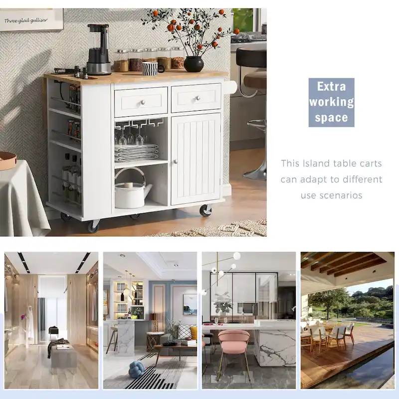 Roomfitters Kitchen Island with Power Outlet, Kitchen Storage Island with Drop Leaf and Rubber Wood, 5 Wheels