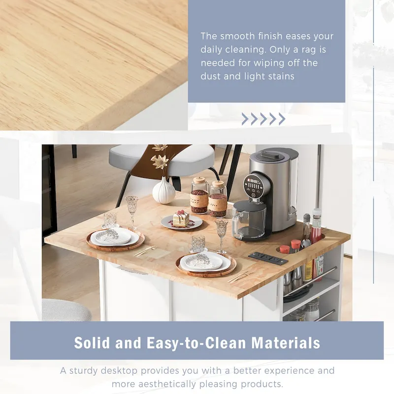 Roomfitters Kitchen Island with Power Outlet, Kitchen Storage Island with Drop Leaf and Rubber Wood, 5 Wheels