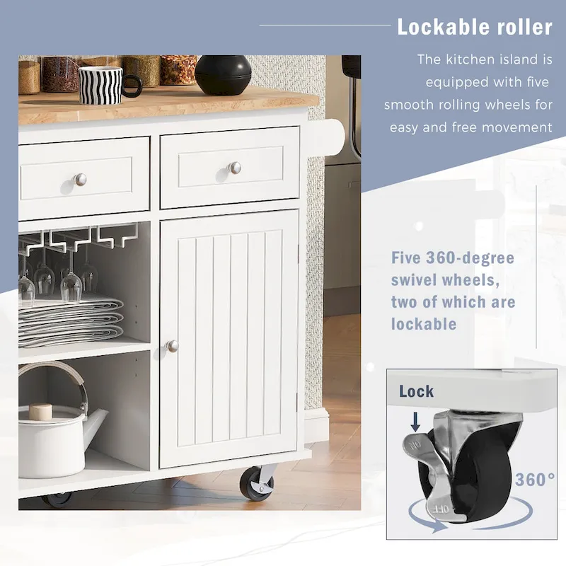 Roomfitters Kitchen Island with Power Outlet, Kitchen Storage Island with Drop Leaf and Rubber Wood, 5 Wheels
