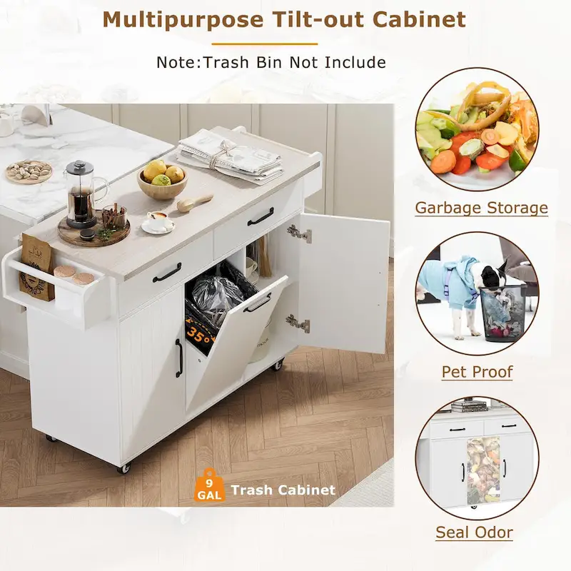Kitchen Island with Trash Can Storage Cabinet, Rolling Kitchen Island on Wheels with Adjustable Shelf, Drop Leaf & Drawer