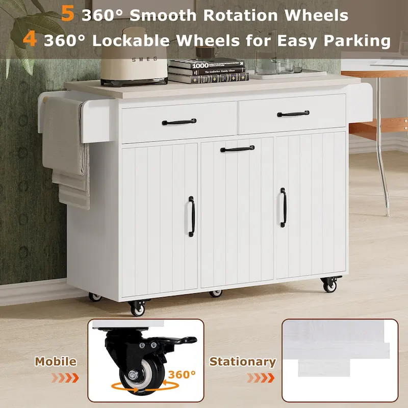 Kitchen Island with Trash Can Storage Cabinet, Rolling Kitchen Island on Wheels with Adjustable Shelf, Drop Leaf & Drawer