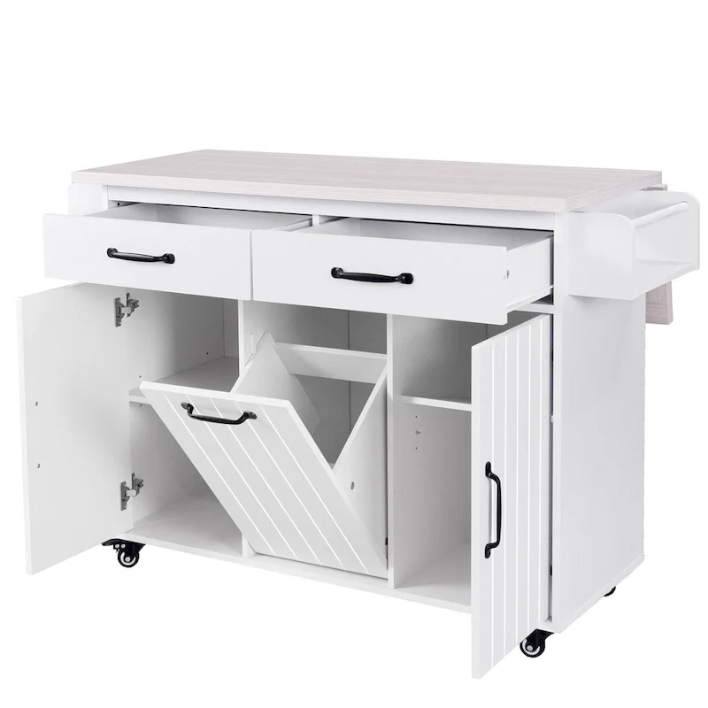 Kitchen Island with Trash Can Storage Cabinet, Rolling Kitchen Island on Wheels with Adjustable Shelf, Drop Leaf & Drawer