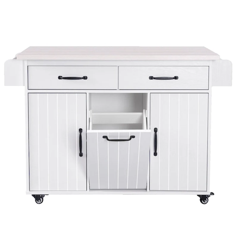 Kitchen Island with Trash Can Storage Cabinet, Rolling Kitchen Island on Wheels with Adjustable Shelf, Drop Leaf & Drawer