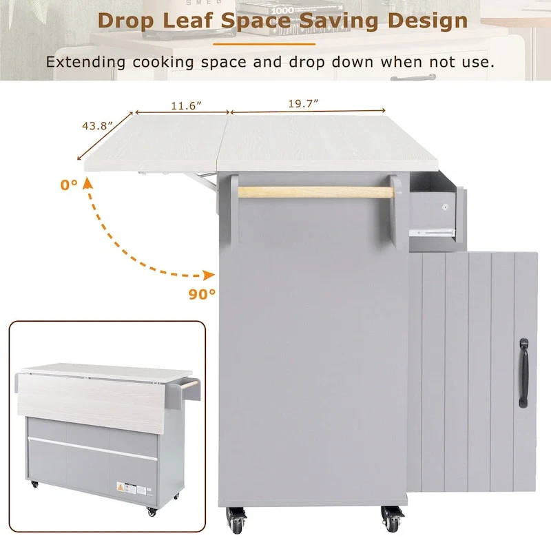 Kitchen Island with Trash Can Storage Cabinet, Rolling Kitchen Island on Wheels with Adjustable Shelf, Drop Leaf & Drawer