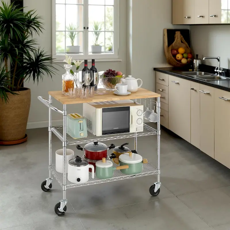 Tier Oak Wood Kitchen Cart with Wheels Slider Shelf and Hooks for Microwave Coffee Storage in Dining Room