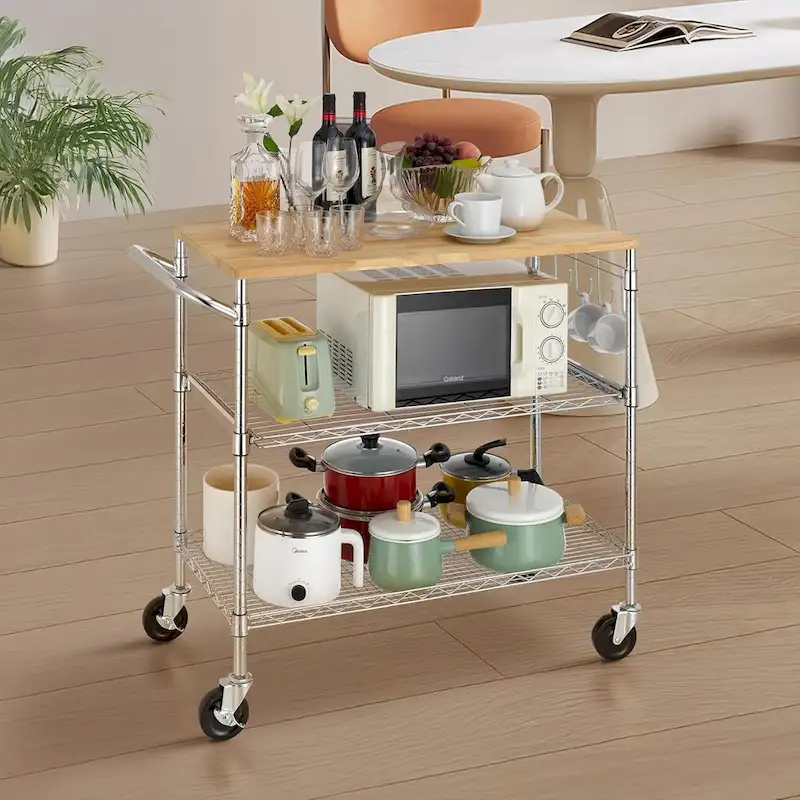 Tier Oak Wood Kitchen Cart with Wheels Slider Shelf and Hooks for Microwave Coffee Storage in Dining Room