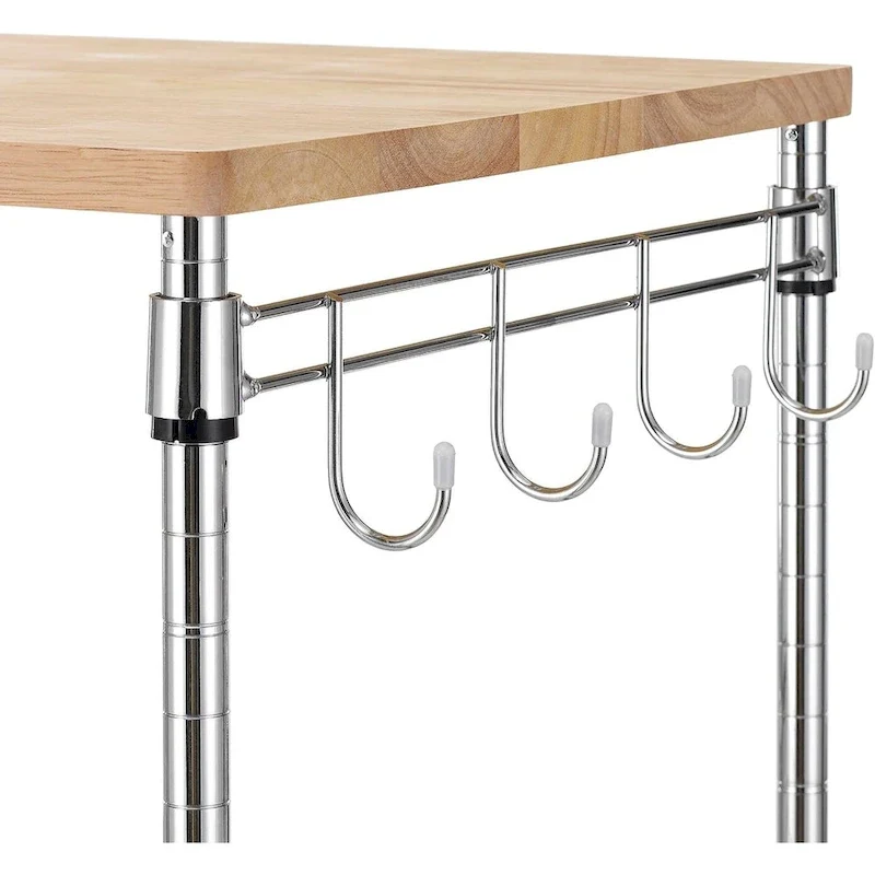 Tier Oak Wood Kitchen Cart with Wheels Slider Shelf and Hooks for Microwave Coffee Storage in Dining Room