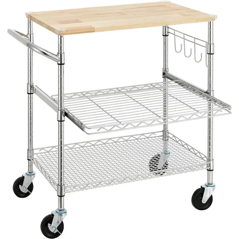 Tier Oak Wood Kitchen Cart with Wheels Slider Shelf and Hooks for Microwave Coffee Storage in Dining Room