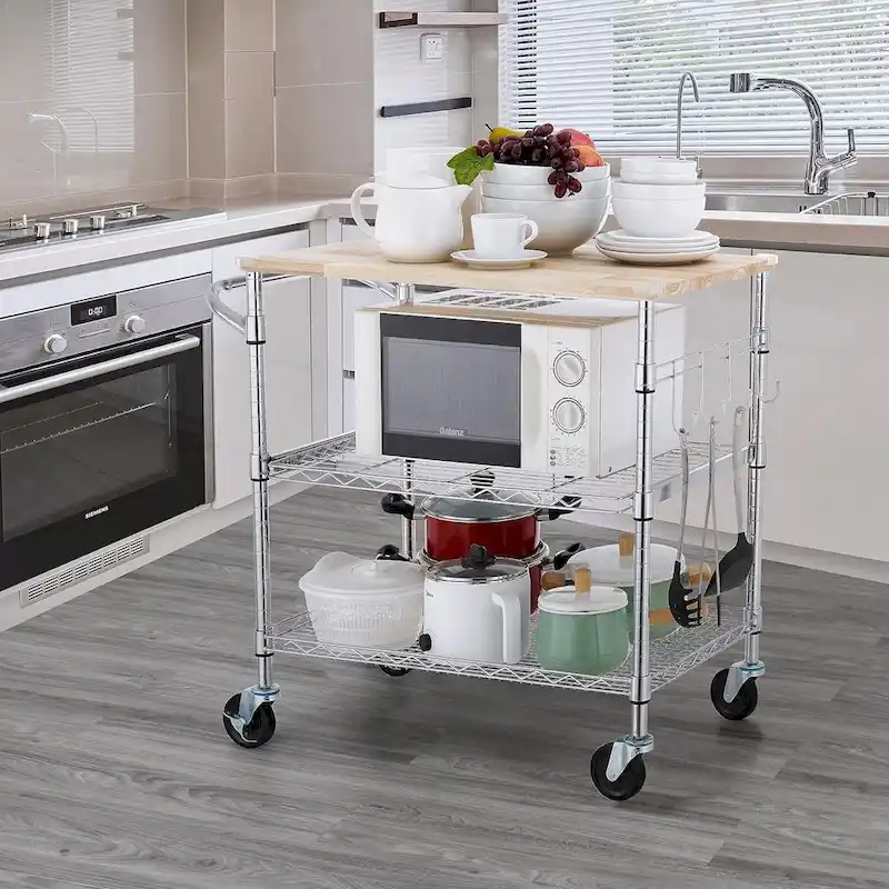 Tier Oak Wood Kitchen Cart with Wheels Slider Shelf and Hooks for Microwave Coffee Storage in Dining Room
