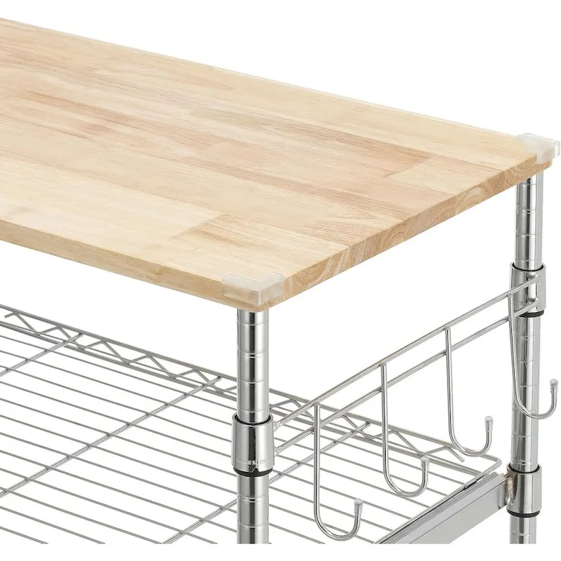 Tier Oak Wood Kitchen Cart with Wheels Slider Shelf and Hooks for Microwave Coffee Storage in Dining Room