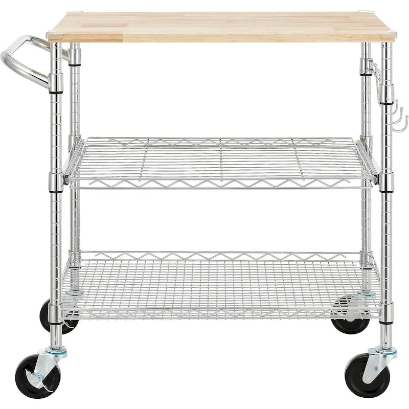 Tier Oak Wood Kitchen Cart with Wheels Slider Shelf and Hooks for Microwave Coffee Storage in Dining Room