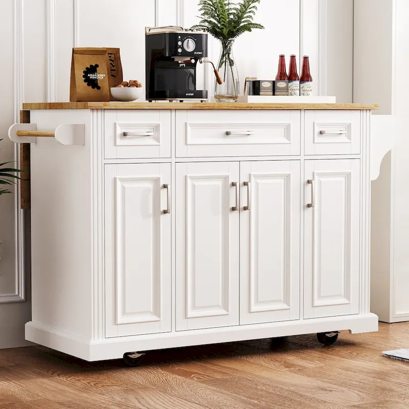 Rolling Kitchen Island with Drop Leaf, Kitchen Island Cart on Wheels, Moveable Island Table with 4 Doors Cabinet & 3 Drawers