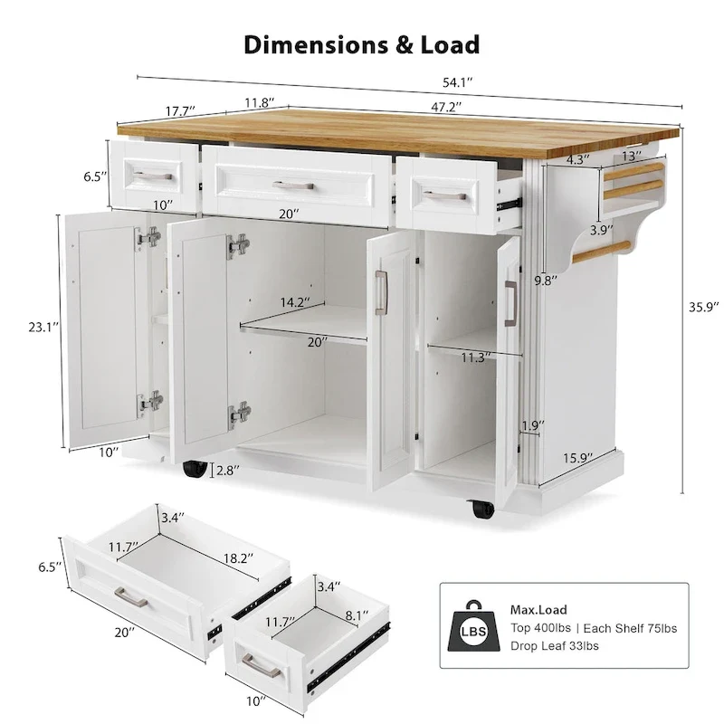 Rolling Kitchen Island with Drop Leaf, Kitchen Island Cart on Wheels, Moveable Island Table with 4 Doors Cabinet & 3 Drawers