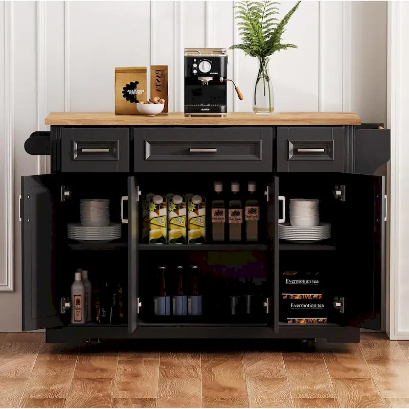 Rolling Kitchen Island with Drop Leaf, Kitchen Island Cart on Wheels, Moveable Island Table with 4 Doors Cabinet & 3 Drawers