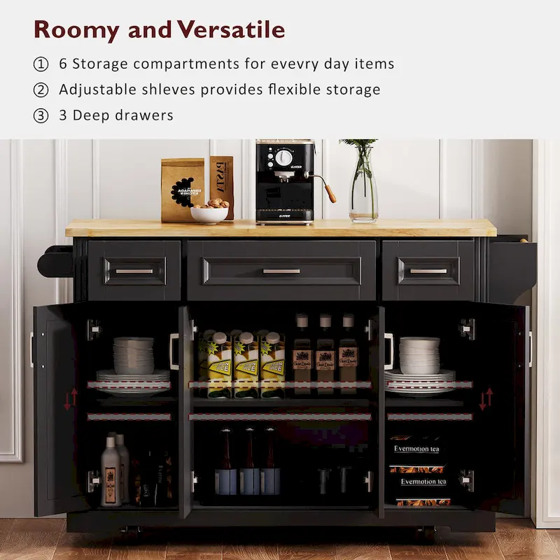 Rolling Kitchen Island with Drop Leaf, Kitchen Island Cart on Wheels, Moveable Island Table with 4 Doors Cabinet & 3 Drawers