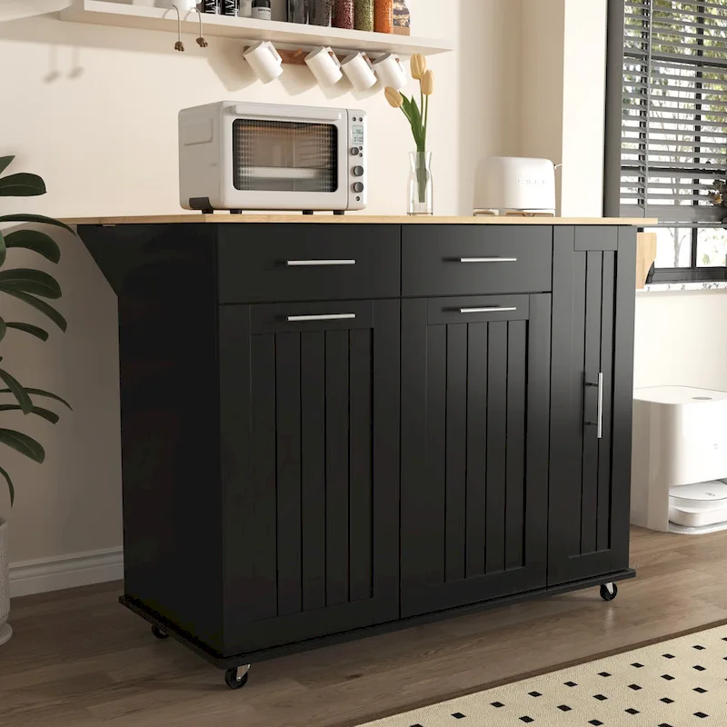 Rolling Kitchen Island Cart, Kitchen Island with 3 Tier Pull Out Cabinet, Portable Trolley Island with Drop Leaf & 2 Drawers