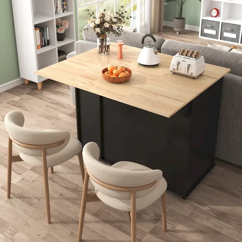 Rolling Kitchen Island Cart, Kitchen Island with 3 Tier Pull Out Cabinet, Portable Trolley Island with Drop Leaf & 2 Drawers