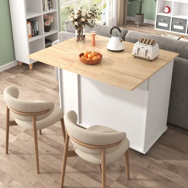 Rolling Kitchen Island Cart, Kitchen Island with 3 Tier Pull Out Cabinet, Portable Trolley Island with Drop Leaf & 2 Drawers