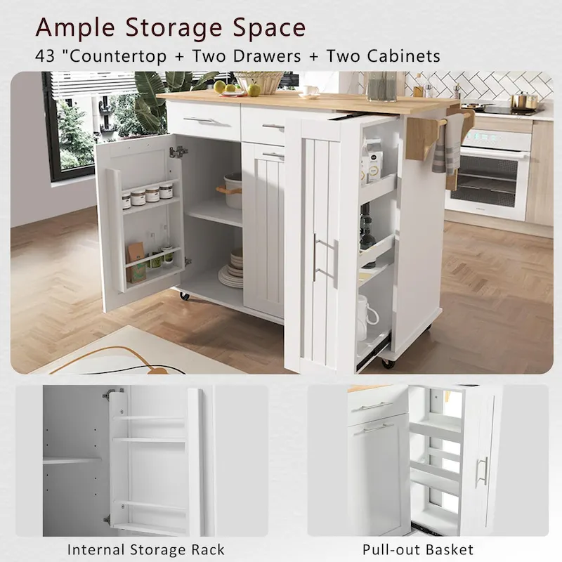 Rolling Kitchen Island Cart, Kitchen Island with 3 Tier Pull Out Cabinet, Portable Trolley Island with Drop Leaf & 2 Drawers