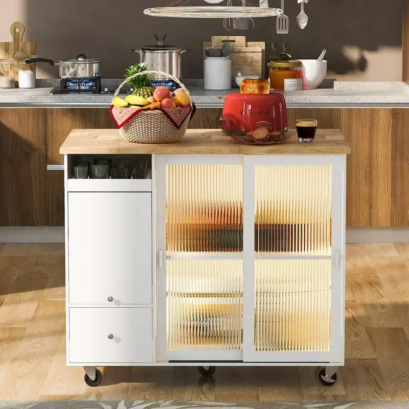 Kitchen Island with Drop Leaf,LED Light Cart on Wheels with 2 Fluted Glass Doors,Adjustable Shelf,2 Drawers,1 Flip Cabinet Door