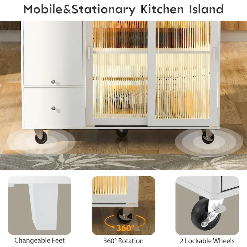 Kitchen Island with Drop Leaf,LED Light Cart on Wheels with 2 Fluted Glass Doors,Adjustable Shelf,2 Drawers,1 Flip Cabinet Door