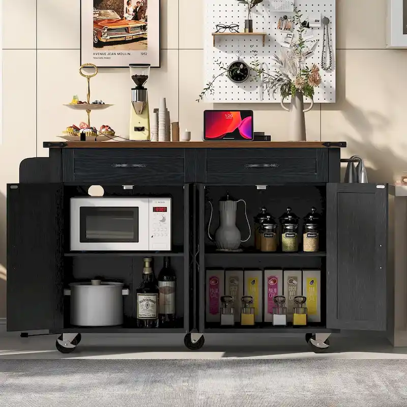 53.5 Farmhouse Kitchen Island - Power Outlet, Drop Leaf, Spice Rack, Drawer, Rolling Cart on Wheels
