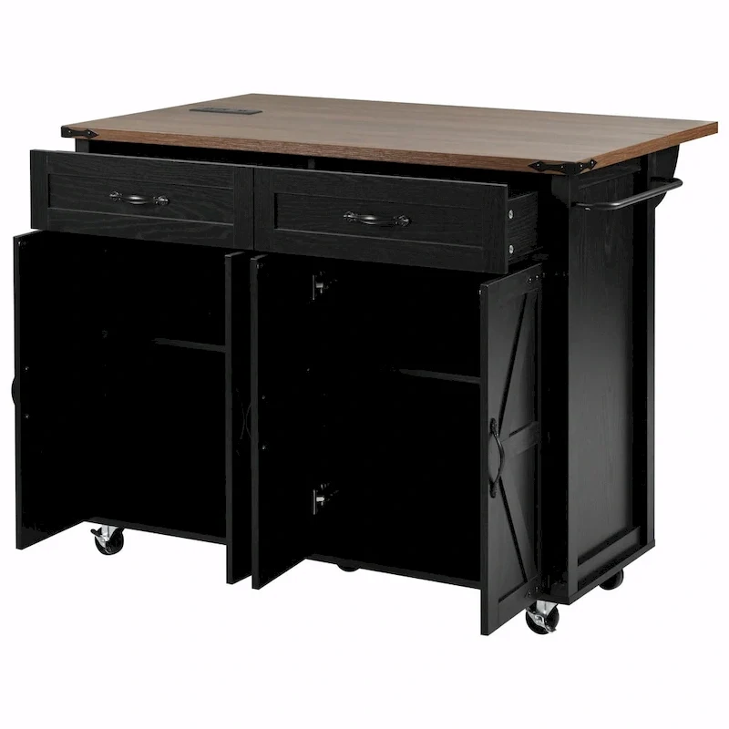 53.5 Farmhouse Kitchen Island - Power Outlet, Drop Leaf, Spice Rack, Drawer, Rolling Cart on Wheels